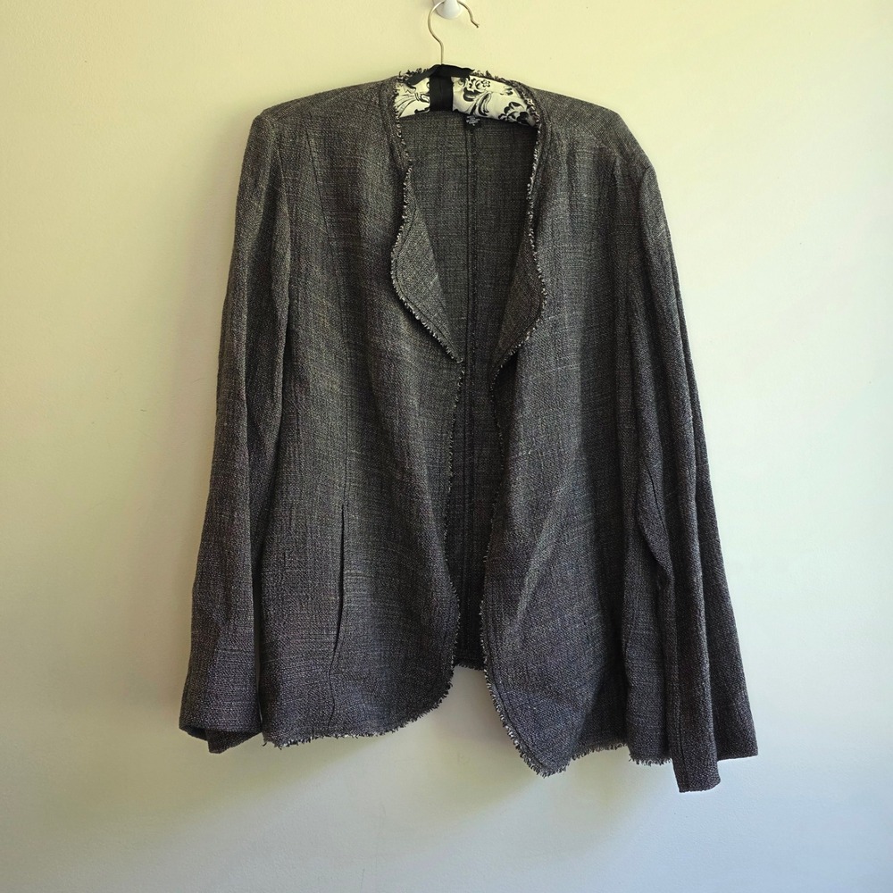 Eileen Fisher Womens Large Gray Linen Blend Open Front Fringe Blazer Jacket USA